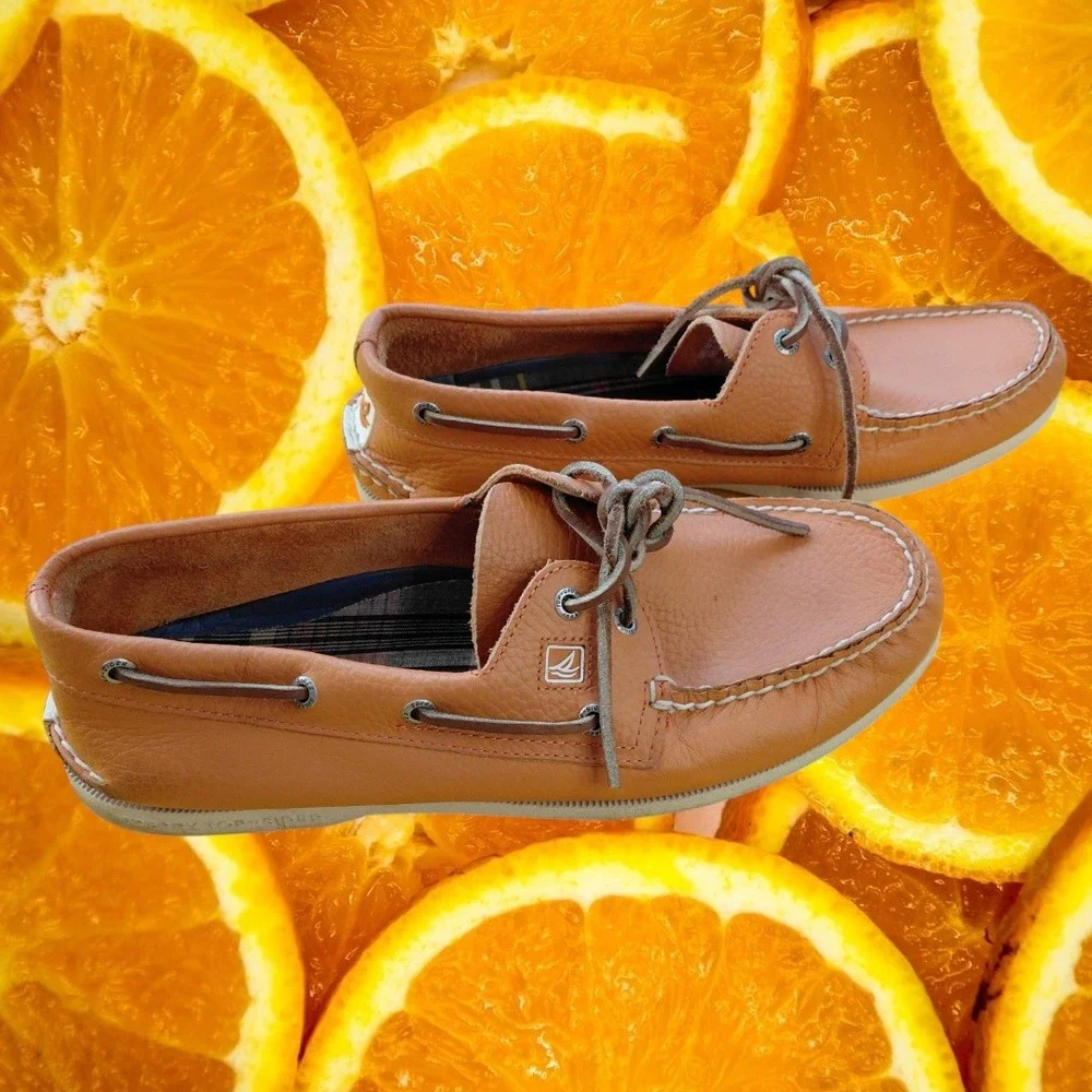 Sperry Top-Sider Mens 11M Orange Pebbled Leather Boat Shoes 0836924 Plaid Lining